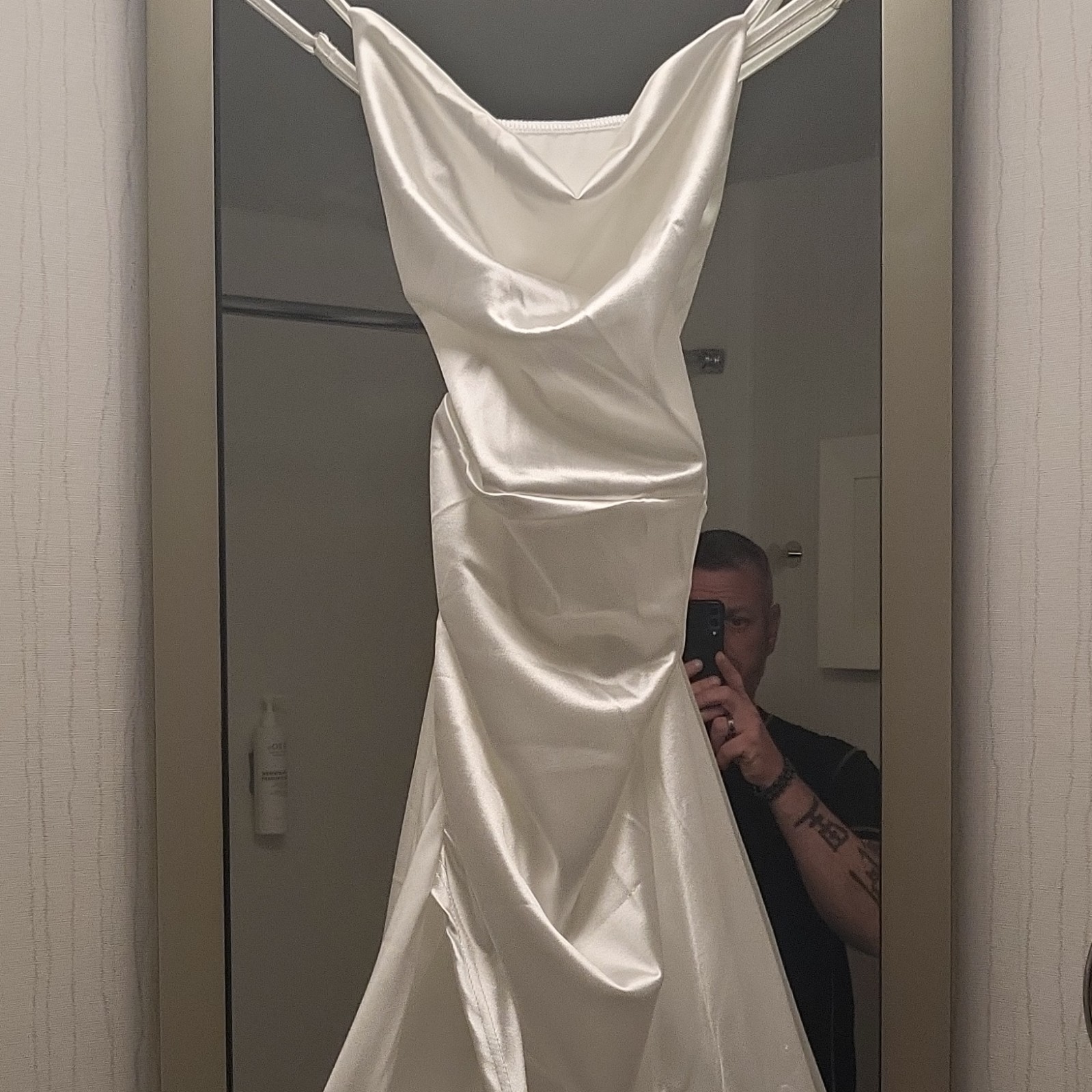 Ivory Satin Sleeveless Cowl Neck A-Line Full-Length Wedding Dress