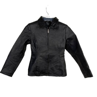 PHASE TWO Black 90s Leather Zip Up Collard Jacket Girl's 10-12 Vintage Classic