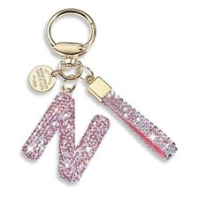 Pink Blue White Initial Letter Keychain Gift for Women Girls Bling N-pink