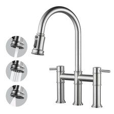Bridge Faucet for Kitchen Sink: Brushed Nickel Farmhouse 3 Hole Kitchen Fauce...