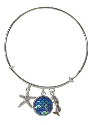 Mermaid & Starfish Charm Wire Bangle Bracelet Silver Tone New Expandable