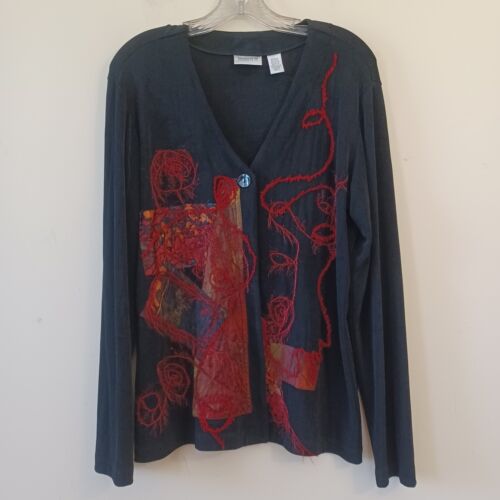 Chicos Travelers Cardigan Lg Black Red Abstract Sl