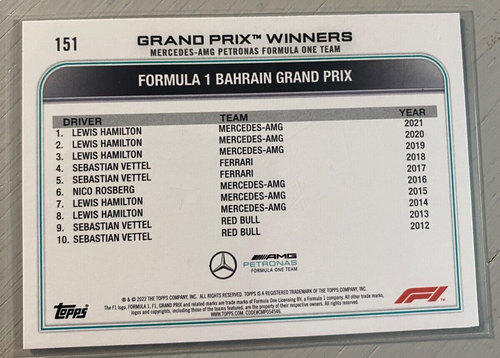 Lewis Hamilton - AMG Petronas F1 Racing ('22 Topps F1 Card #151) Bahrain GP - Picture 2 of 2