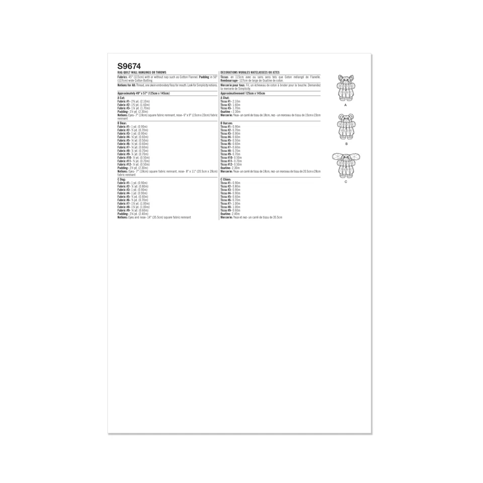 Simplicity 9674 Bear Dog Cat Rag Quilt Blanket Throw Rug Kids Craft 4993 Pattern - Image 3 of 3