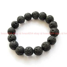 6/8/10/12mm Black Lava Rock Stone Round Gemstone Beads Elastic Bracelet 7.5''