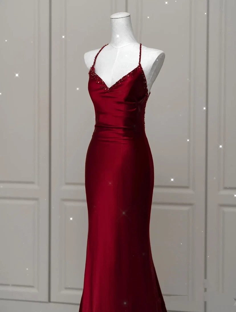 Wine Red Prom Dress V neck Ribbon Spaghetti Strap Beading Mermaid Zipper Gowns