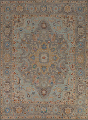 Vegetable Dye Oushak Turkish Hand-made Light Blue/ Gray Room Size Area Rug 8x10