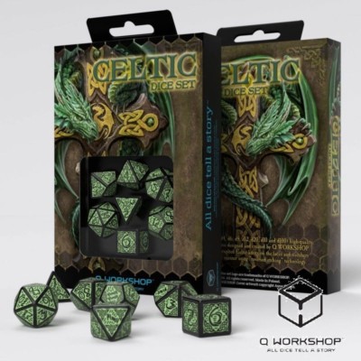 Q-WORKSHOP - CELTIC 3D REVISED RPG WÜRFEL DICE SET - SCHWARZ-GRÜN - NEU/OVP