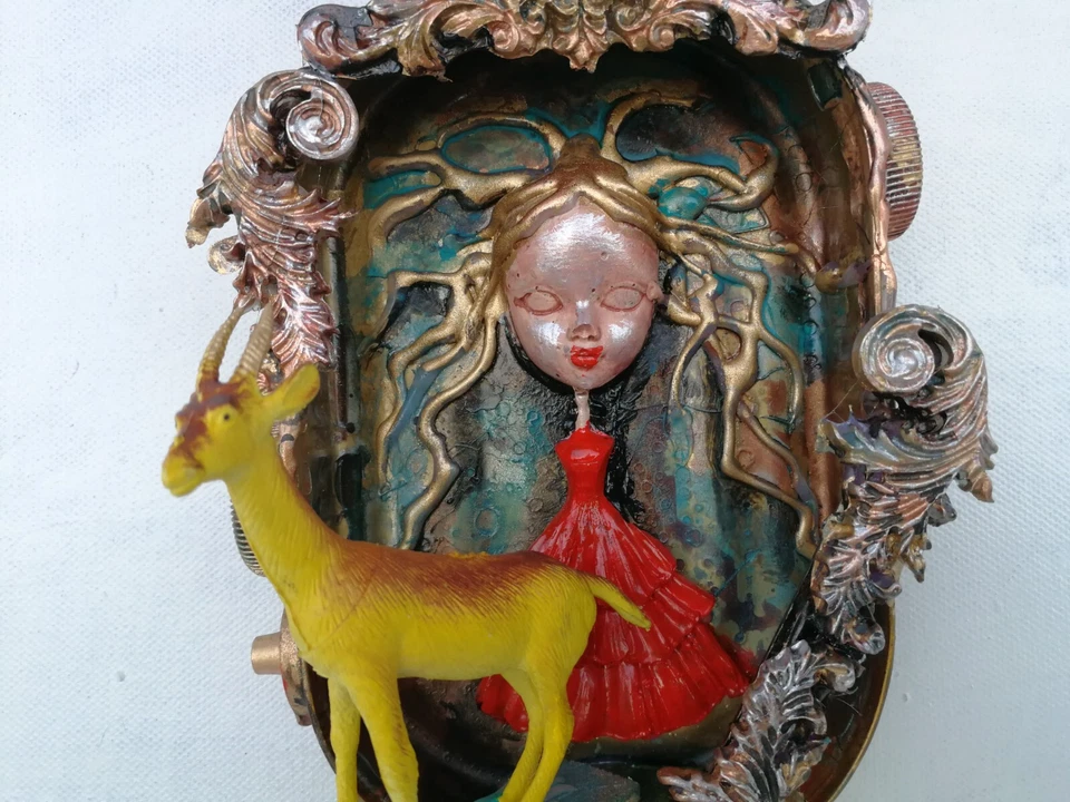 art assemblage modern original sculpture mixed media painting animals dolls goat - Image 4 of 4