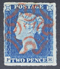 GB SG4 QV 1840 2d Deep Full Blue, PH with Clear Central Red Maltese Cross