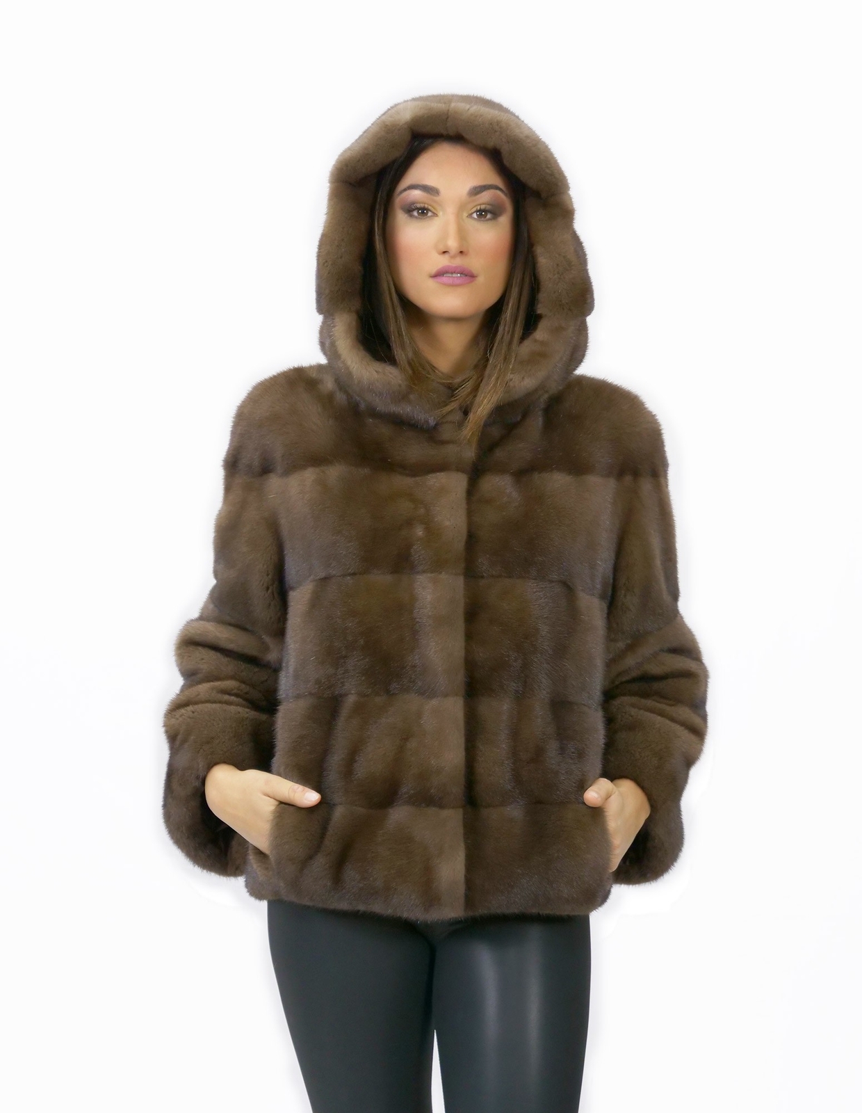 56 Mink Fur Hooded Jacket with Long Horizontal Demy Sleeves
