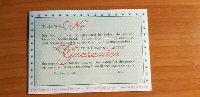 Rolex vintage Guarante Card blanc 1957 english ref: RP 1155.III.57-50000