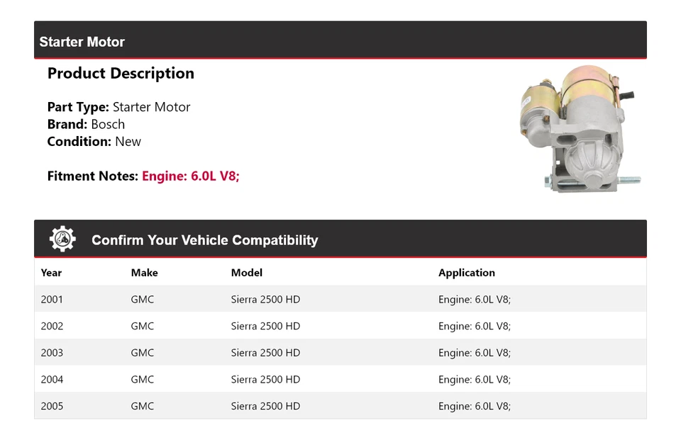 Para GMC Sierra 2500 HD 2001-2005 6,0 L V8 Bosch Arranque (Nuevo) 2002 2003 2004 Foto 2 de 4