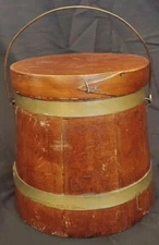 Primitive Early Wooden FIRKIN BUCKET Lid Metal Bands, Wire Handle, Shaker Style
