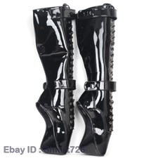 Ballet Boot Women Ultra High Hoof Heels Lockable Padlocks Fetish Knee-High Boots