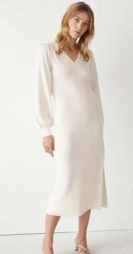 OFF WHITE & ALTRE STORIE Abito midi in maglia taglio a V bianco sporco crema taglia S uk10 misto lana