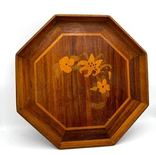 Vintage Octagon Wood Inlay Floral Serving Tray Handcrafted Marquetry Design Boho