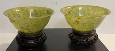Vintage Very Fine PAIR Chinese Natural Spinach Green Jade Bowls w/Carved Stands