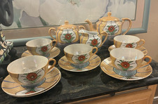 VINTAGE TEA SET 17 PC JAPANESE PORCELAIN LUSTREWARE PEACH /BLUE/GREEN w/ FLOWERS