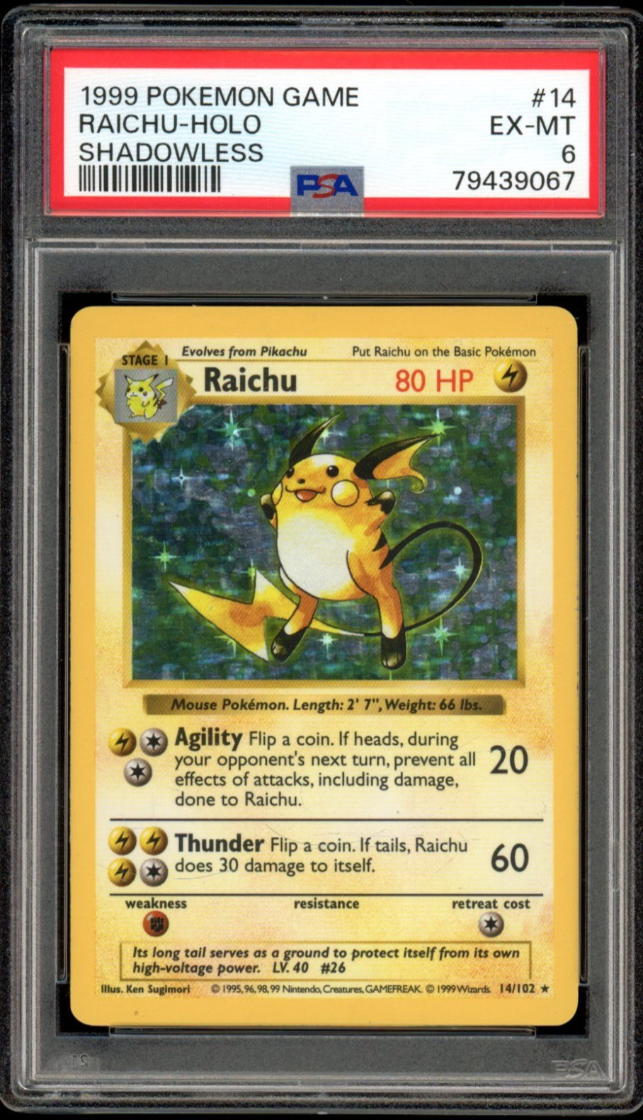 1999 Pokemon Base Set Shadowless #14 Raichu Holo PSA 6 EX-MT