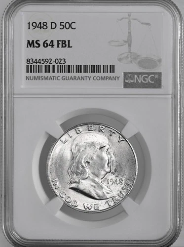 1948-D 50C FRANKLIN SILVER HALF DOLLAR FULL BELL LINES NGC MS64 FBL #8344592-023