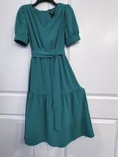 DKNY Dress Women Size 2 Teal Belted Short Sleeve V Neck Midi Cocktail Work EUC