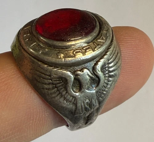 Vintage ARMY Sterling Silver Ring with Eagle and Red Stone