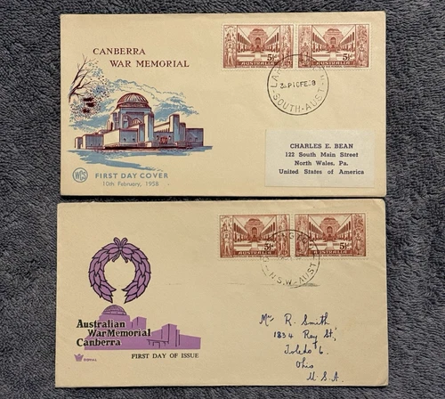 1958 Australia War Memorial First Day Cover Pair 5½d Stamps Postmarked NSW SA