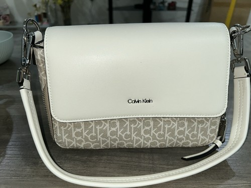 Calvin Klein Bella White/Beige CK Monogram Shoulder Bag, Detachable Strap