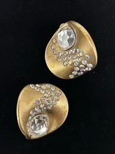 Vintage Goldtone Rhinestone Unique Chunky Clip On Earrings