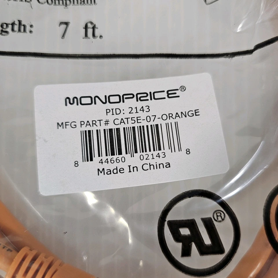 2 Cat5e Ethernet Patch Cables, RJ45 350Mhz UTP  24AWG 7ft Orange,Gold Plated NEW - Image 3 of 3