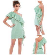 Mac Duggal NWT Sage Green Sequin One Shoulder 10888 Ruffle Cocktail Dress Size 4