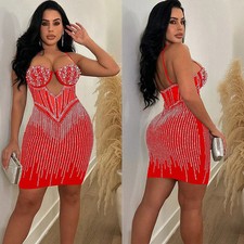 LATEST DESIGN Red Rhinestone Tassel Mesh Mini Dress Evening Clubwear Size XL UK