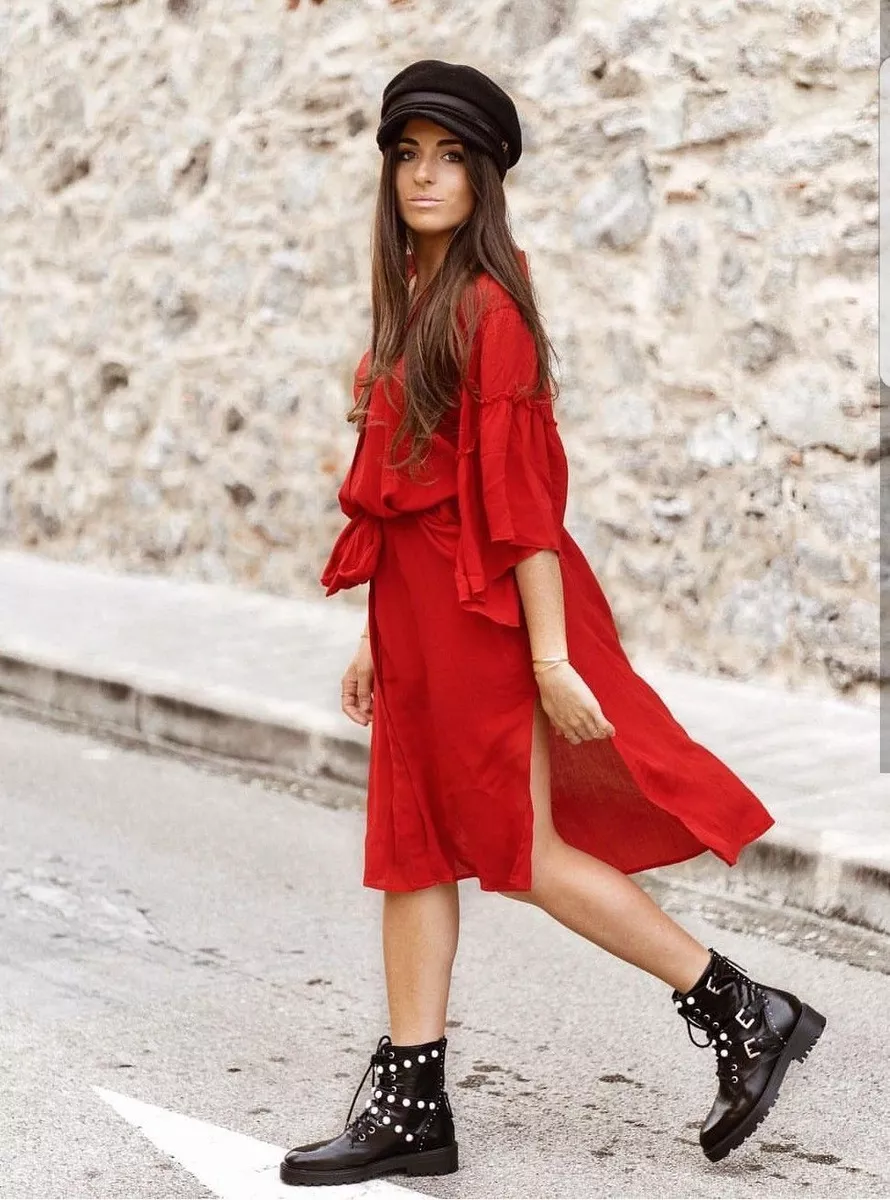 ZARA RED RUFFLED LONG SLEEVE TUNIC DRESS SIZE S M REF 5065 226 NEW