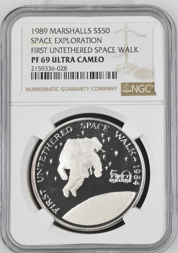 1989 Marshall Islands Space First Untethered Space Walk Silver $50 - NGC PF69 UC