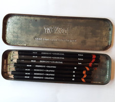 7 Vintage Derwent Pencils Mix of Charcoal Graphic Graphite, Metal Tin Case