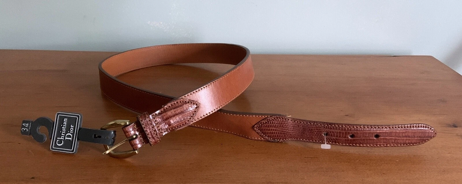 Ceinture vintage Christian Dior marron pleine fleur cuir et bordure lézard véritable taille 34