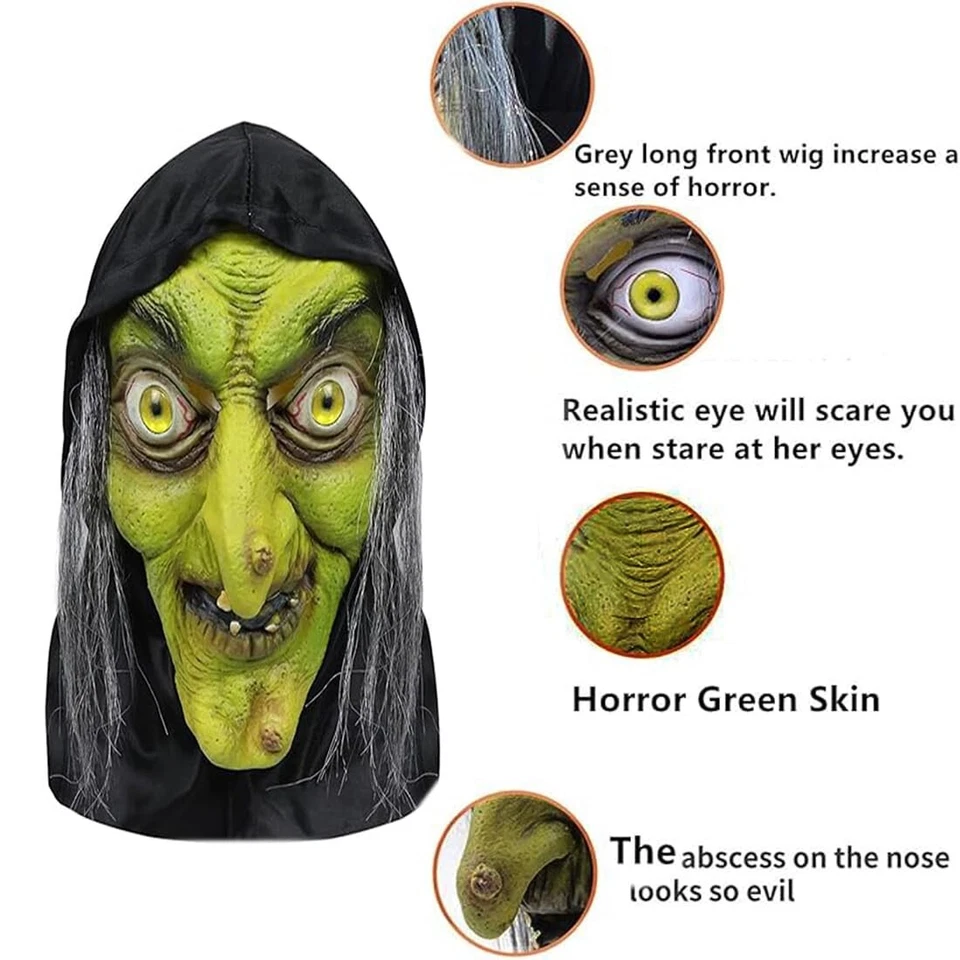 Horror Scary Witch Old Lady Evil Mask w/Wigs For Halloween Cosplay Party Costume - Image 2 of 4