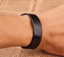 Cool Mens Single Band Surfer Genuine Leather Bracelet Wristband Cuff Black 1.6CM