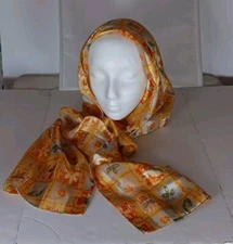 Scarf Orange Flowers  Silk Feeling  13"x60" Inches, CBC Crown Made in Korea