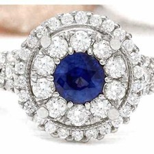 Double Halo Excellent Round Cut 1.05CT CZ With 1.23CT Blue Sapphire Fashion Ring