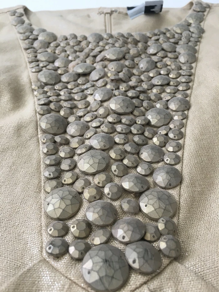 Vestido de linho dourado 2b.Rych 8 miçangas sem mangas algodão forrado champanhe bronzeado metálico - Imagem 4 de 4