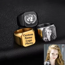 Customized Photo Engraved Ring Jewelry Custom Name Text Men Women Gold Black