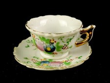 Miniature Porcelain Teacup  Saucer, Pink  Purple Floral, Gold Trim, Scalloped