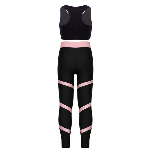 Kids Girls Crop Top With Pants Athletic Dance Set Gymnastics Letters Printed - Picture 17 of 58