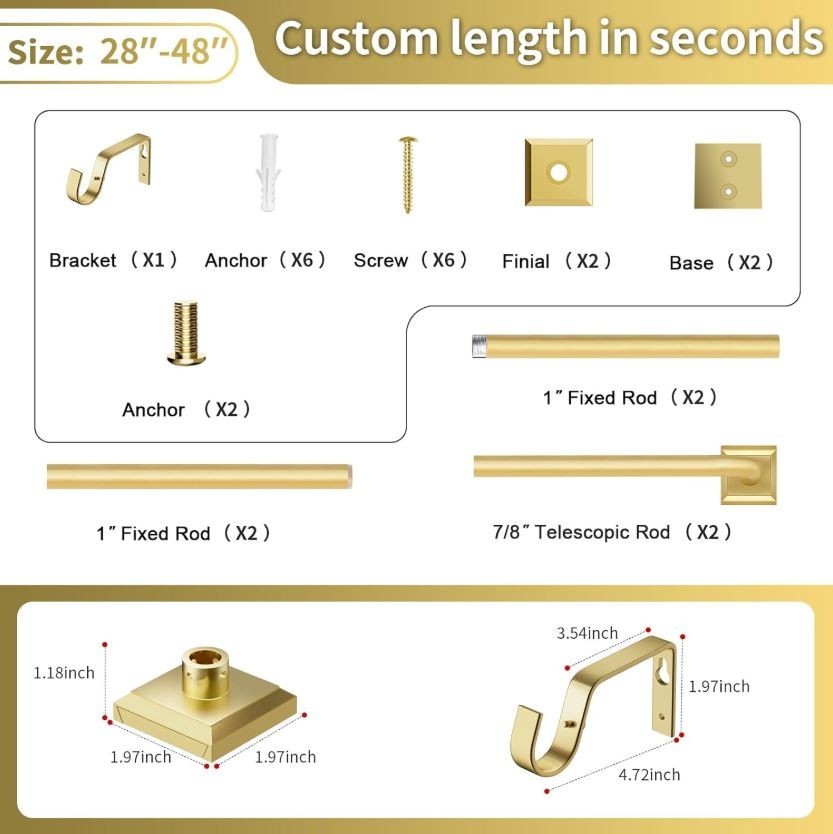 Gold Curtain Rod 28-48 Inch Adjustable Heavy Duty French Return Rod for Bedroom