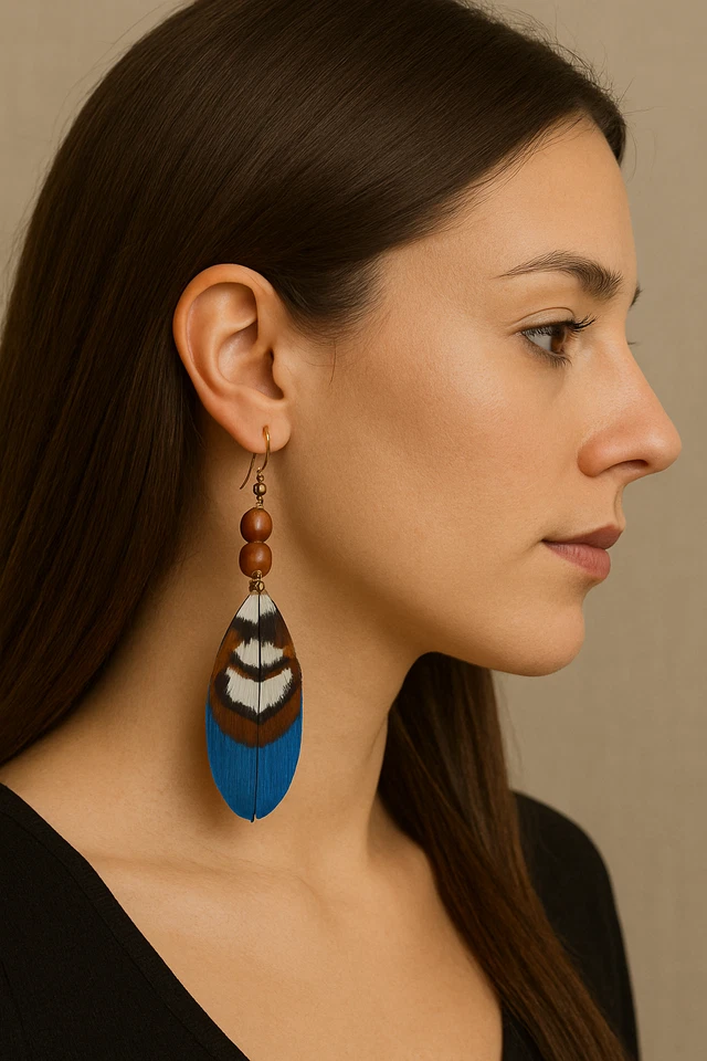 Pendientes Pluma Turquesa Ganso con Faisán Reeves Doble Cuenta Foto 4 de 4