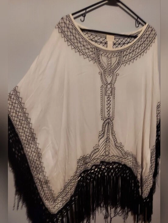 Chicos Poncho Top Women L/XL White Black Fringe Boho Festival Topper Embroidered