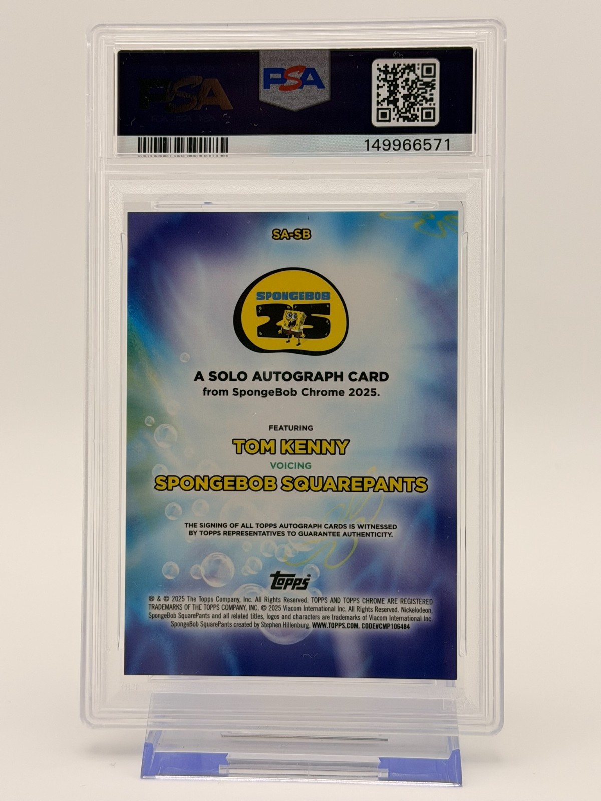 2025 Topps SpongeBob Sapphire Tom Kenny Autograph PSA 9 Voice Actor view 2