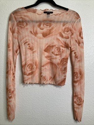 Forever 21 Y2K Sheer Floral Mesh Long Sleeve Top Lettuce Trim Abstract Artsy L